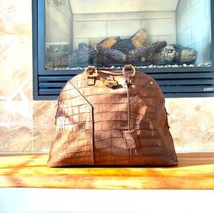 YSL Brown Croc Embossed Suede Oversized Muse Bag